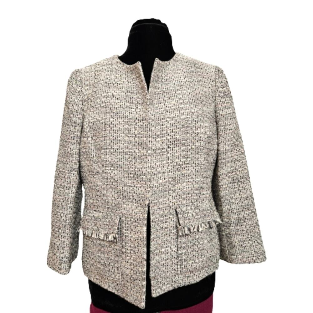 Kasper Tweed Fringe Flap Pocket‎ Open Front Lined Career Blazer Size 12
